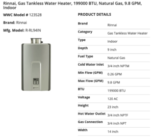 Rinnai Tankless Water Heater product details 